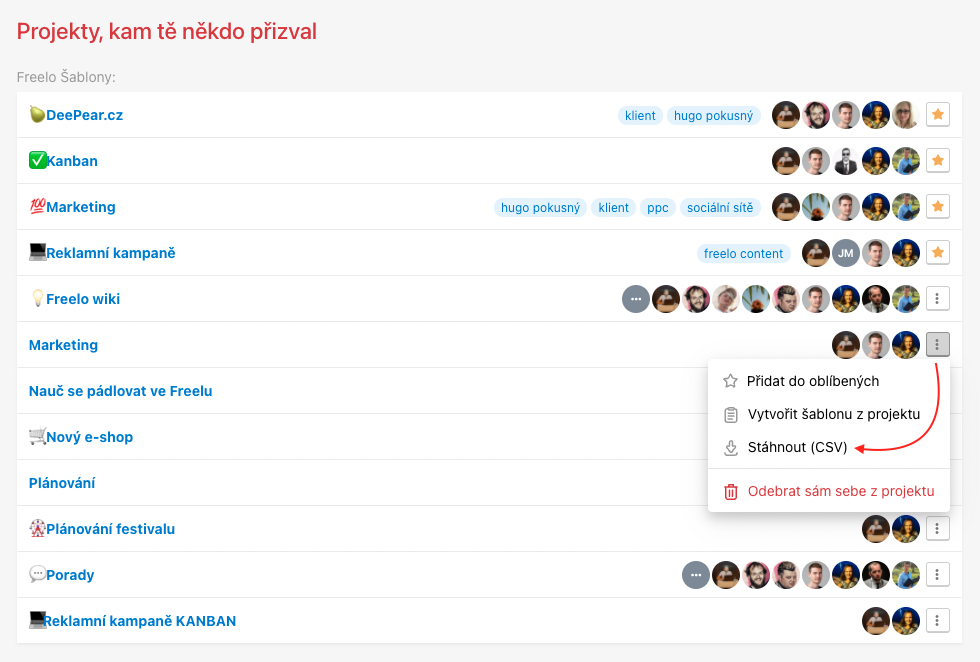 Ukázka, jak stáhnou CSV soubor celého projektu.