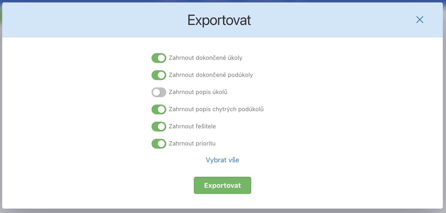 Zvol si, co všechno má export obsahovat.