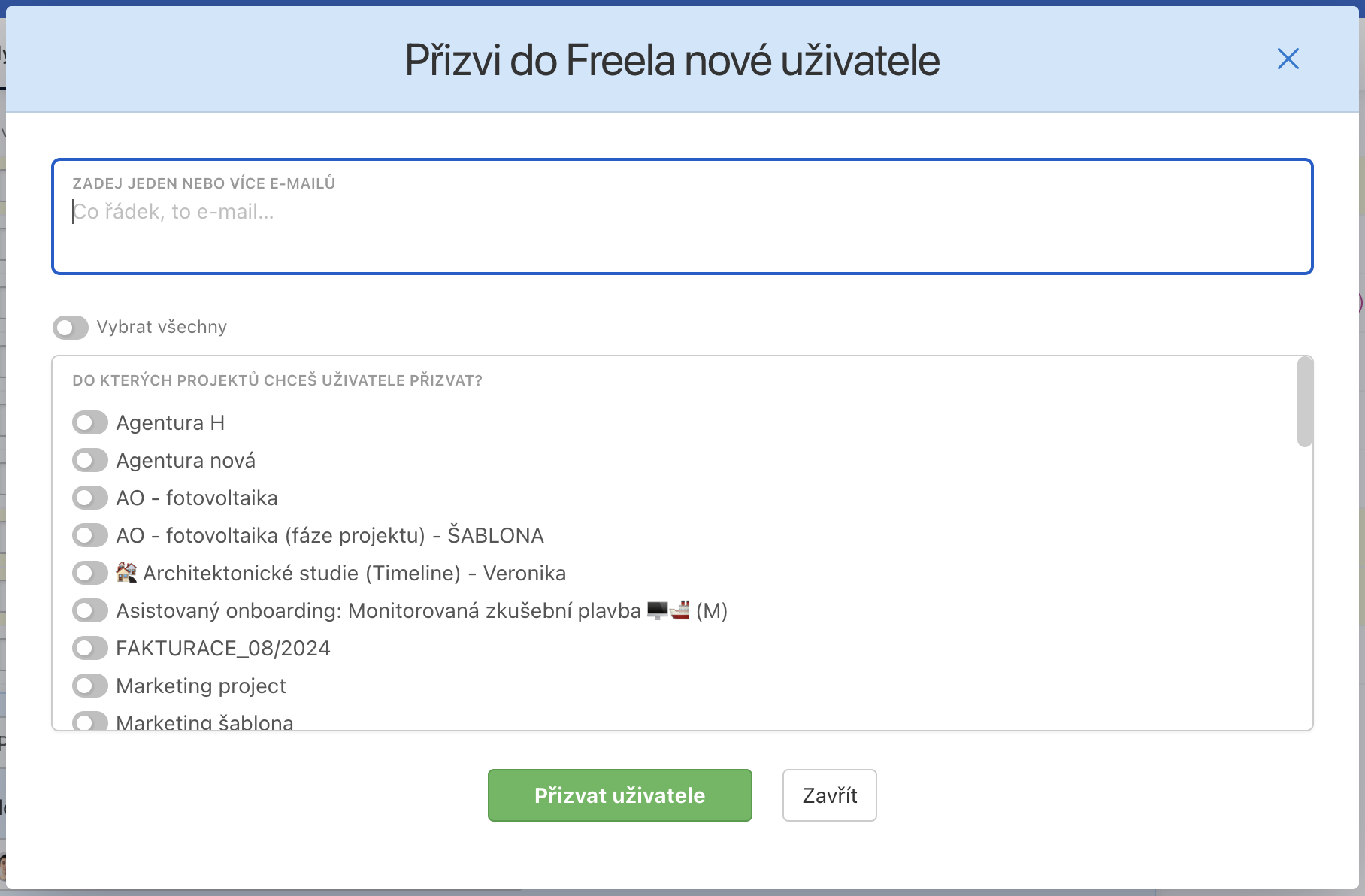 Ukázka, jak přizvat nového uživatele do Freela.