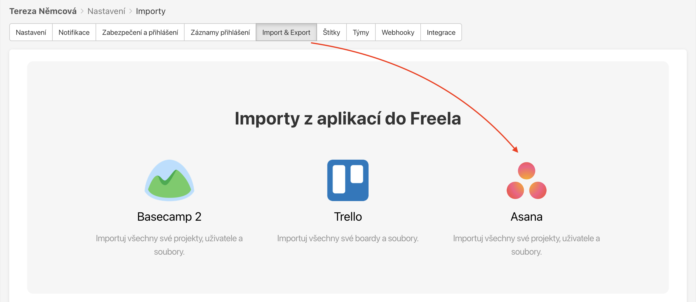 Ukázka lišty a sekce Import & Export.