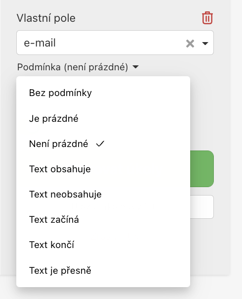 Podle tohohle filtru najdeš na Dashboardu úkoly, které obsahují vlastní pole e-mail a tohle pole obsahuje libovolný text.