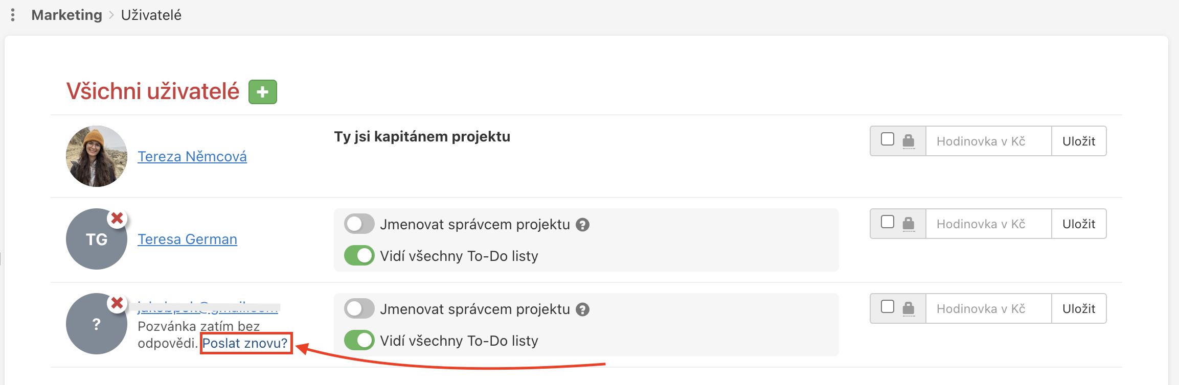 V sekci Uživatelé v importovaném projektu pošli takto neregistrovanému kolegovi pozvánku do Freela.